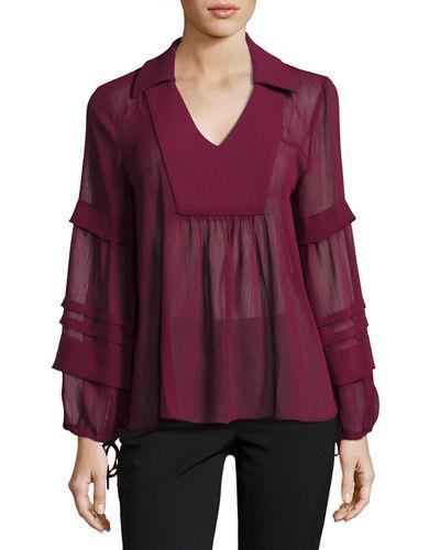 Long-sleeve V-neck Peasant Blouse