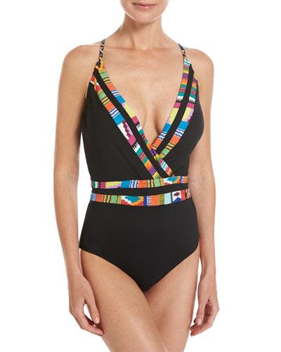 Mambo Goddess Contrast-trim One-piece Swimsuit, Black