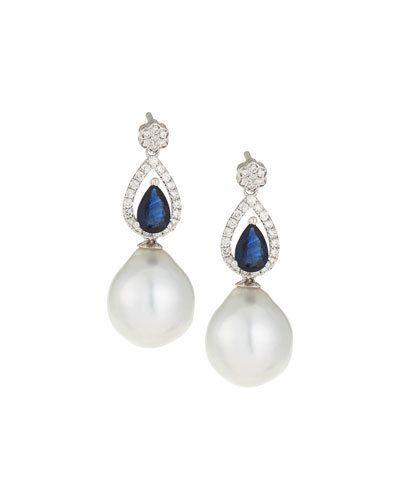 14k White Gold Diamond, Sapphire & South Sea Pearl Drop Earrings