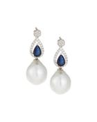 14k White Gold Diamond, Sapphire & South Sea Pearl Drop Earrings