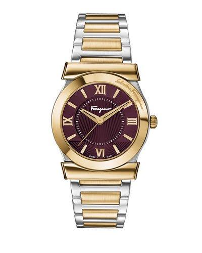 22mm Vega Two-tone Bracelet Watch W/ Burgundy Dial