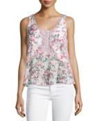 Floral-print Georgette Tank W/ruffles, Porcelain