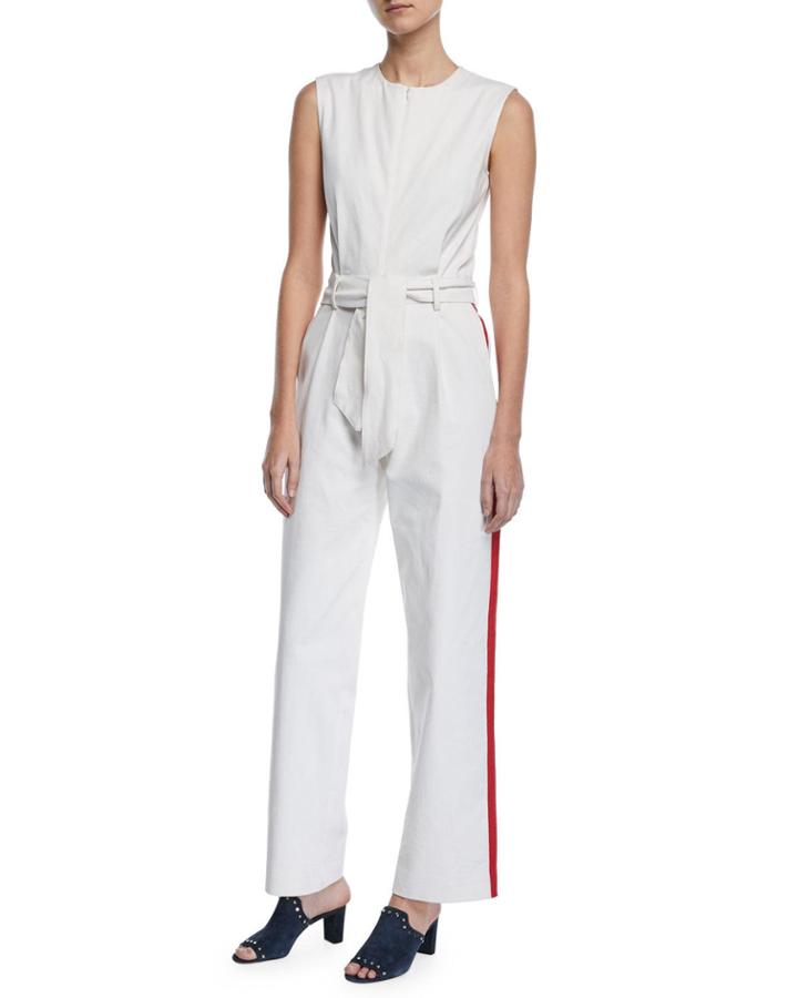 Job Sleeveless Zip-front Racer-stripe Belted Cotton Jumpsuit