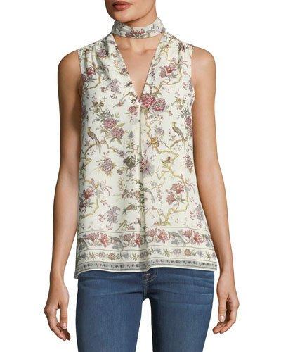 Choker-collar Floral-print Blouse