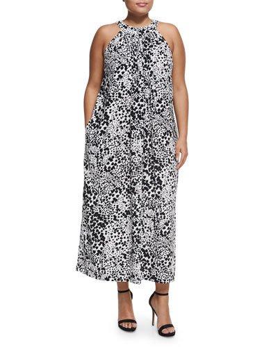 Floral-print Halter-neck Sleeveless Maxi Dress, Black/white,