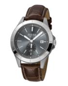 Men's 43mm Stainless Steel Date Sub-seconds Diver Watch With Leather Strap, Steel/brown/gray