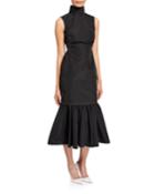 Cella Sleeveless High-neck Midi Flounce-hem Dress