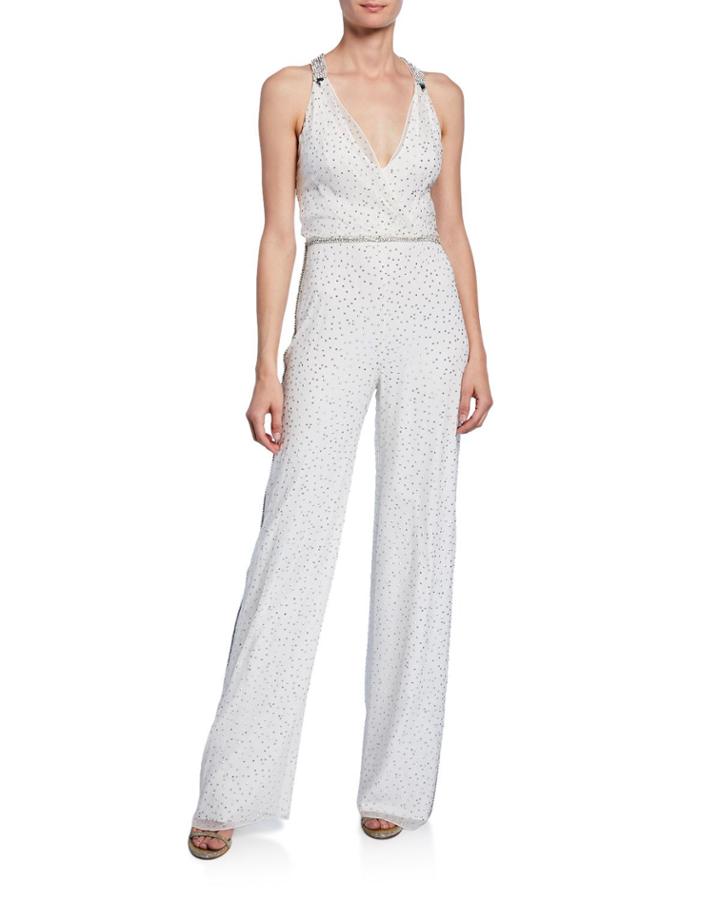Beaded Open-back Chiffon Jumpsuit