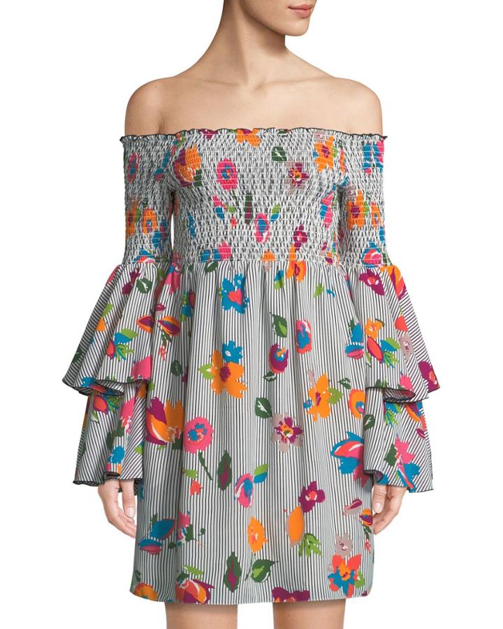 Off-the-shoulder Tiered-sleeve Floral Dress