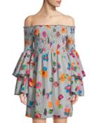 Off-the-shoulder Tiered-sleeve Floral Dress