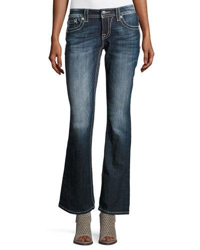 Faded Boot-cut Embellished-pocket Jeans, Dark Blue