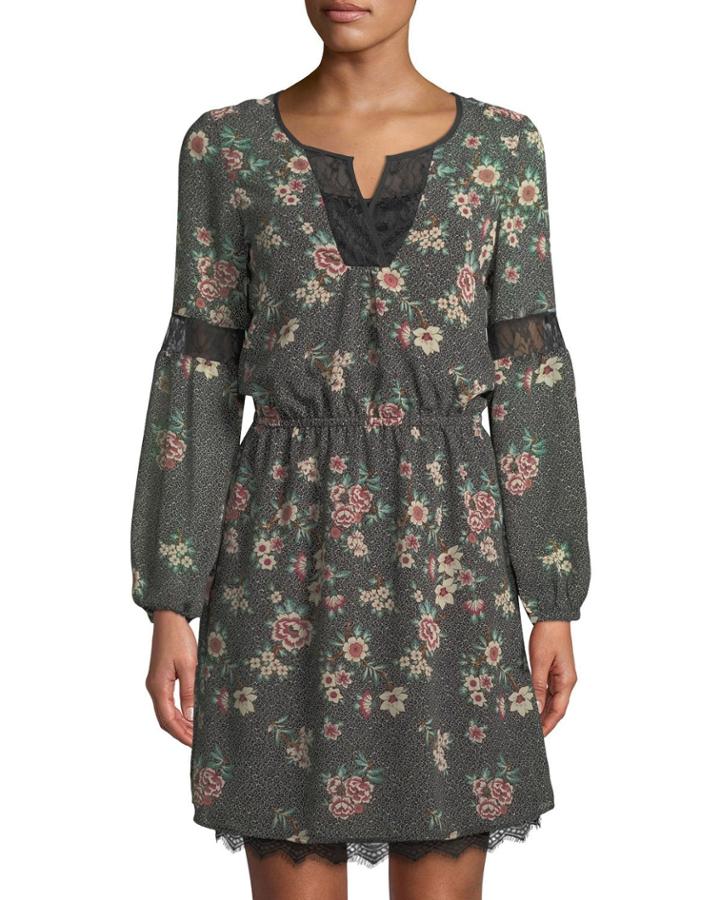 Floral-print Lace-trim Peasant Dress