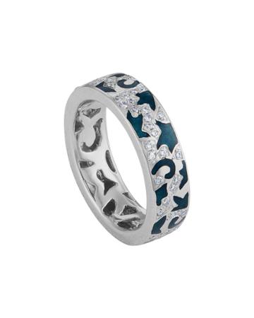 18k White Gold Enamel & Diamond Vine Ring, Blue,
