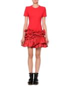 Short-sleeve Drop-waist Dress With Tiered Taffeta Peplum Hem