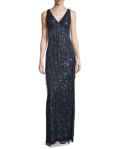 Sleeveless Beaded Fringe Column Gown, Twilight
