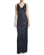 Sleeveless Beaded Fringe Column Gown, Twilight