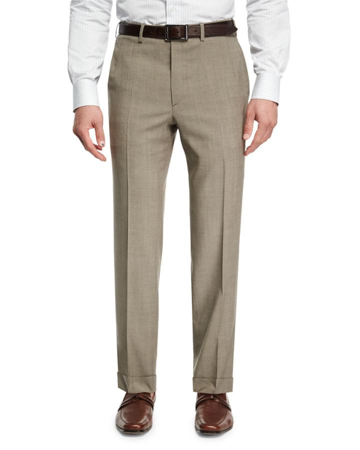 Mohair-look Wool Flat-front Trousers, Taupe