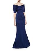 Off-the-shoulder Elbow-sleeve Stretch Satin Mermaid Gown W/ Twist Detail