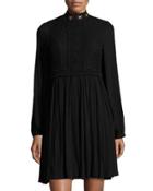 Lace-bodice Mock-neck Dress, Black