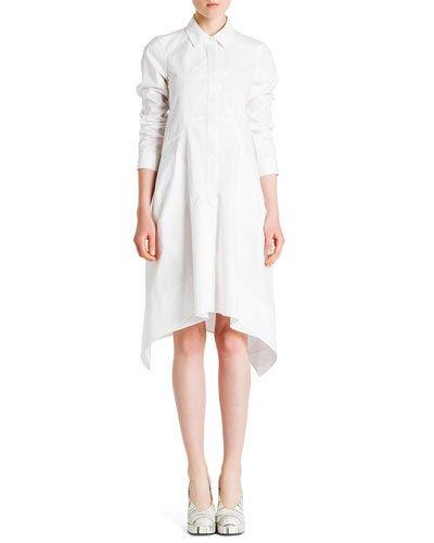 Long-sleeve Button-front Shirtdress, White