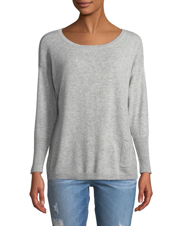 Cashmere Pompom Button-back Sweater, Heather Gray