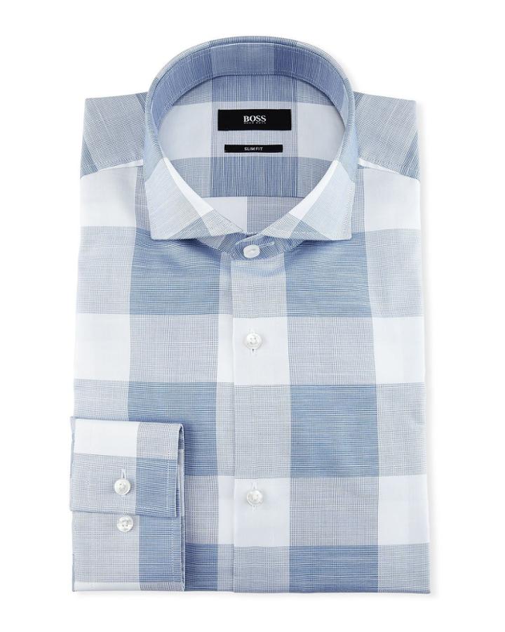 Enlarged-check Slim-fit Dress Shirt, Blue/white