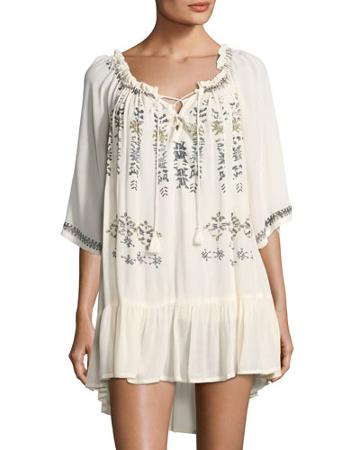 Antalya Lace-up Ruffled Dress, Beige