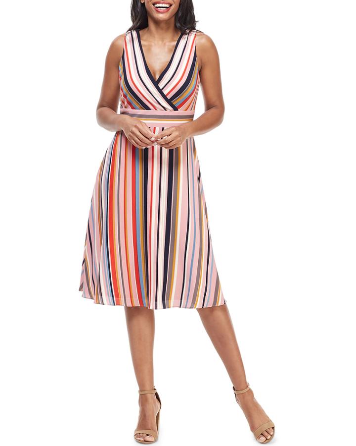 Striped Sleeveless Faux-wrap Fit-&-flare Dress