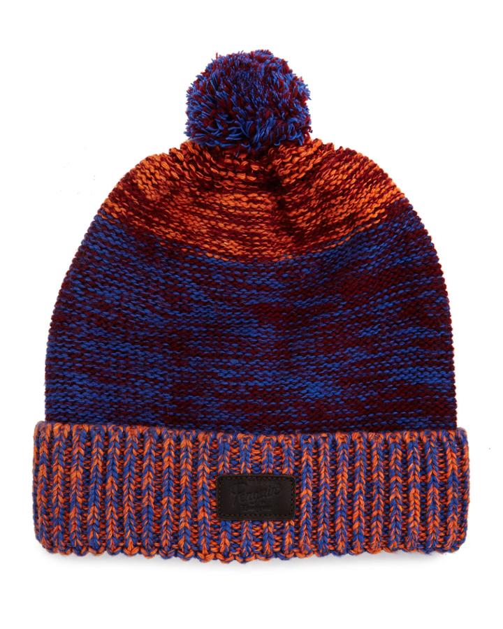 Penguin Clint Striped Pompom Beanie Hat, Tango Red,