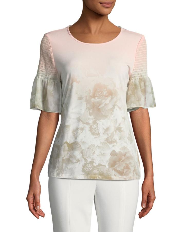 Ombre-print Smocked-sleeve Blouse