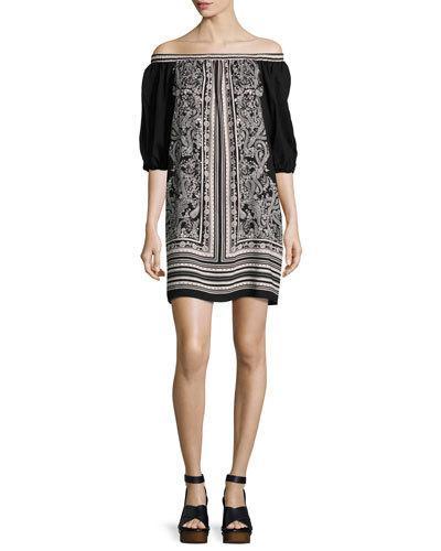 Printed Off-the-shoulder Shift Dress, Black Pattern