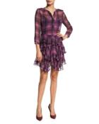 Long-sleeve Plaid Ruffle Dress, Berry