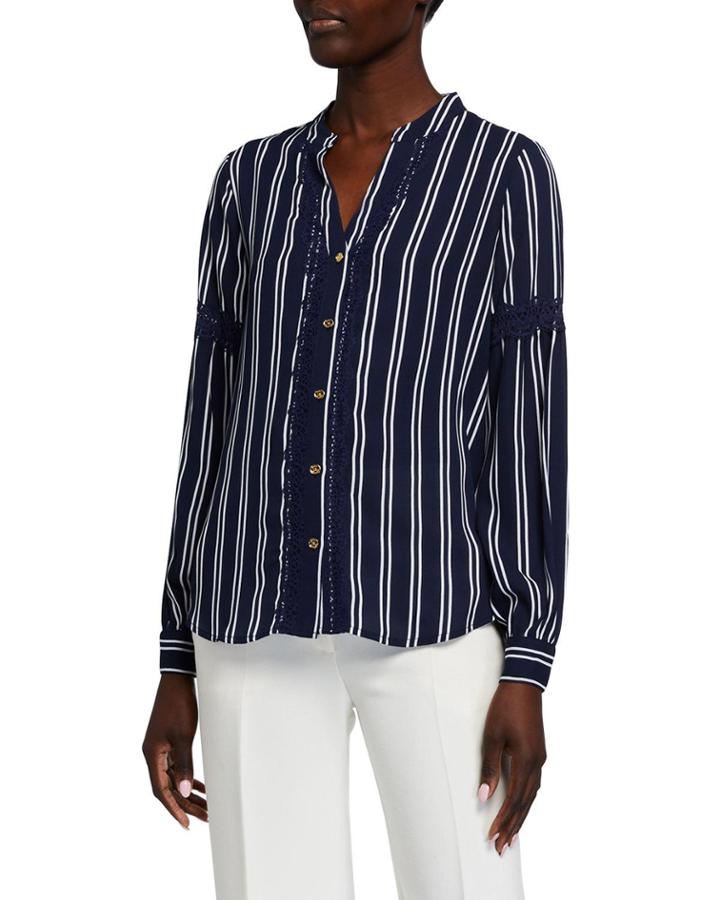 Striped Lace-trim Button-down Top