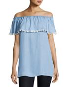 Off-the-shoulder Pompom-trim Chambray Tunic,