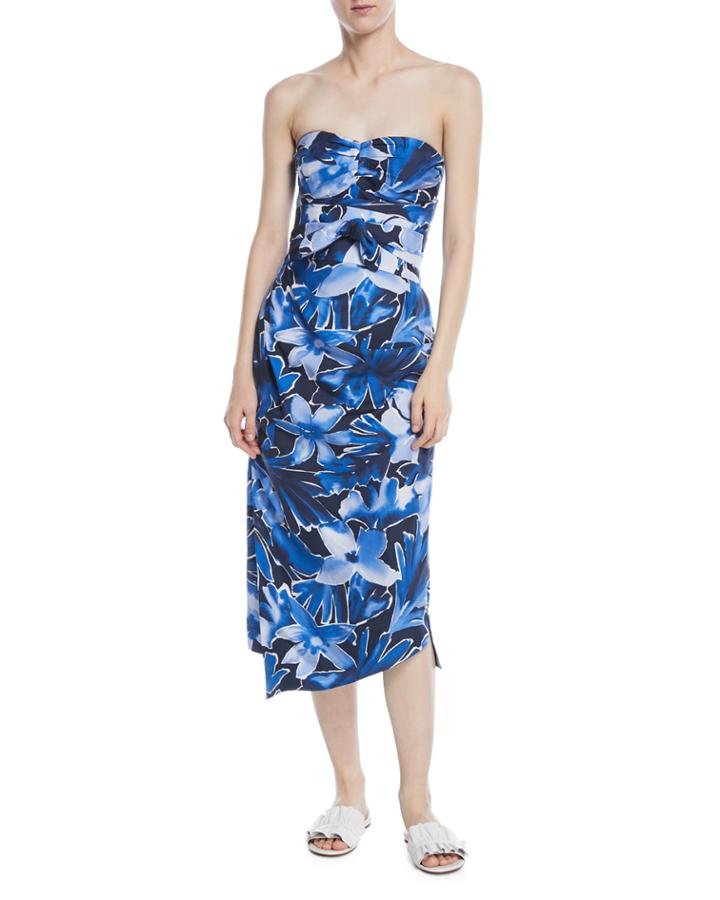 Strapless Tie-waist Floral-print Draped