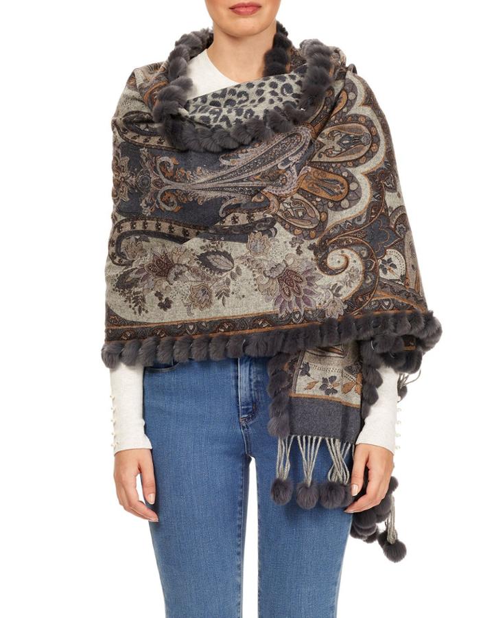 Double-face Wool Stole W/ Rabbit Fur Loop & Pompoms, Gray Pattern