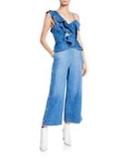Denim Ruffle Cropped Wide-leg Jumpsuit W/ Button