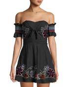 Off-the-shoulder Embroidered Tie-front Dress