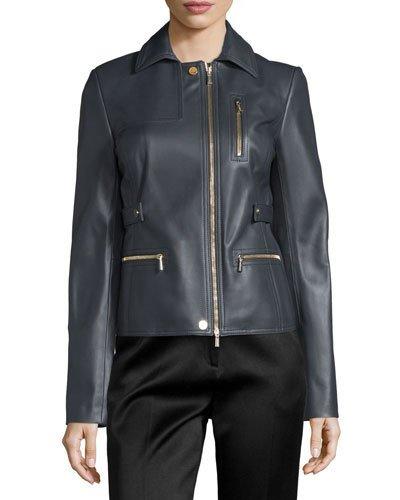 Zip-pocket Lamb Leather Field Jacket, Charcoal