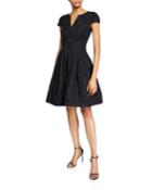 Cap-sleeve Notch-neck Jacquard Dress
