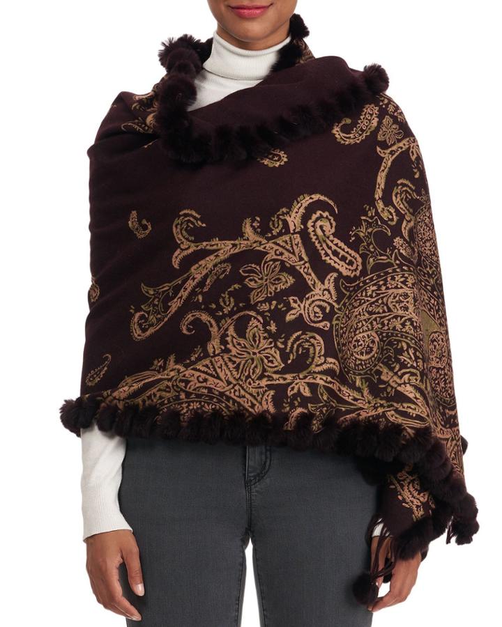 Double Cashmere Paisley Stole With Rex Rabbit Trim