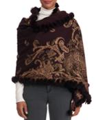 Double Cashmere Paisley Stole With Rex Rabbit Trim