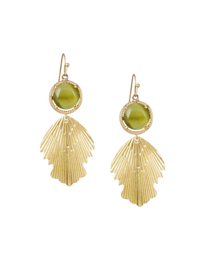 Stone Feather-dangle Earrings, Gold/green