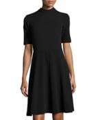 Mock-neck Short-sleeve Fit & Flare Dress, Black