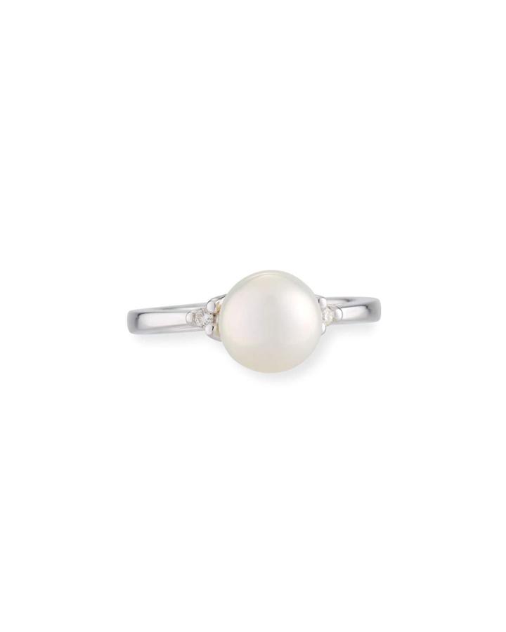 14k White Gold 8mm Pearl & 2-diamond Ring,