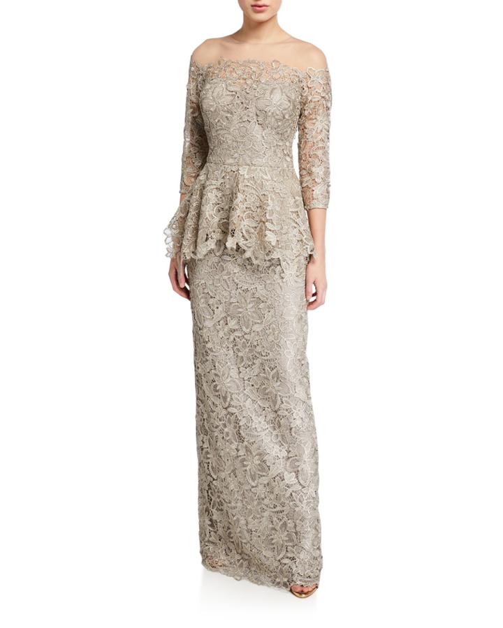 Metallic Lace 3/4-sleeve Sheer Yoke Peplum Gown