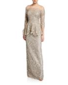 Metallic Lace 3/4-sleeve Sheer Yoke Peplum Gown