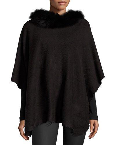 Fox Fur-trim Knit Poncho, Black