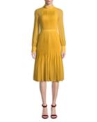 Pleated Long-sleeve Chiffon Dress