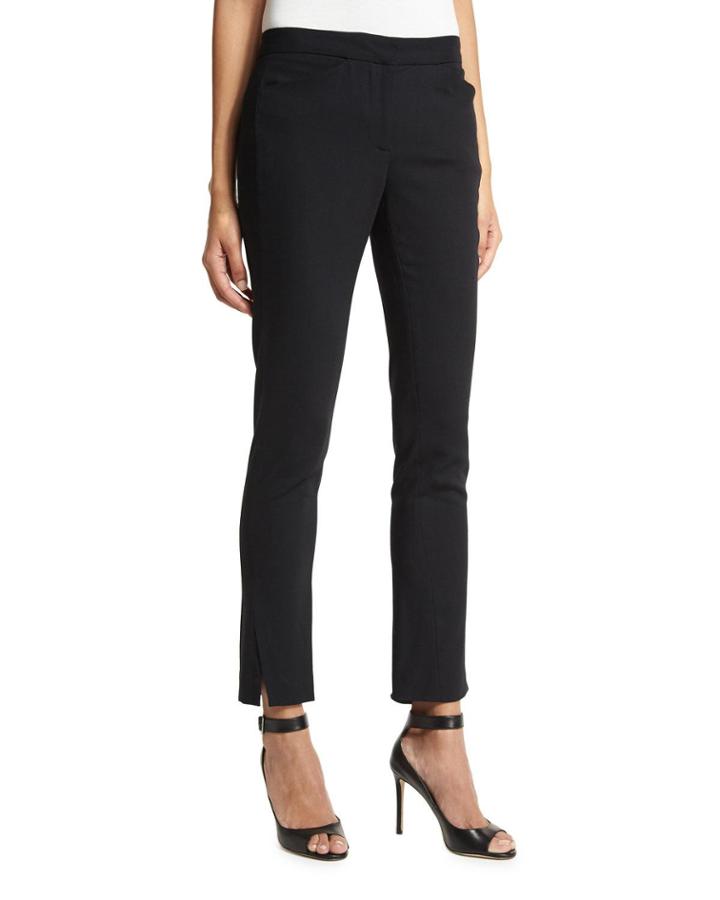 Stretch-wool Straight-leg Ankle Pants, Black